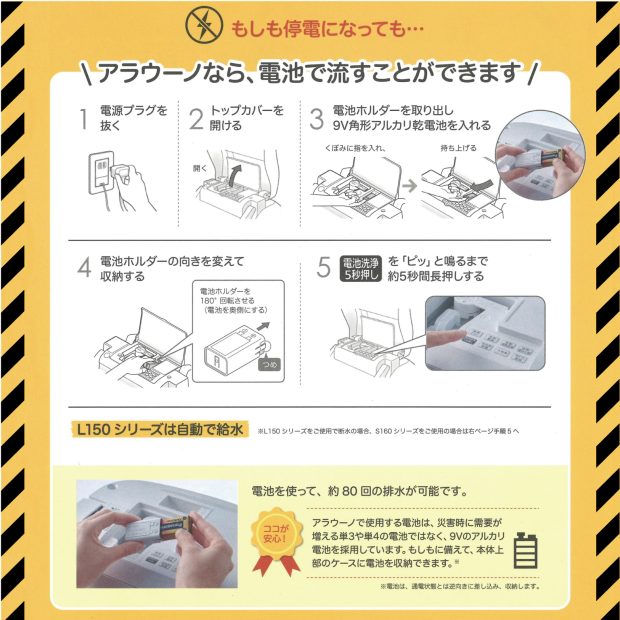 アラウーノ災害時の電池での使い方