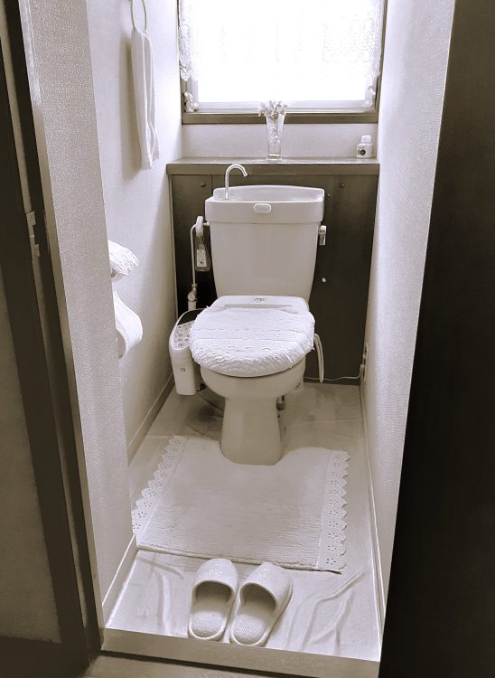 リフォーム前のトイレ　タンク付きトイレとトイレの奥に壁付け収納